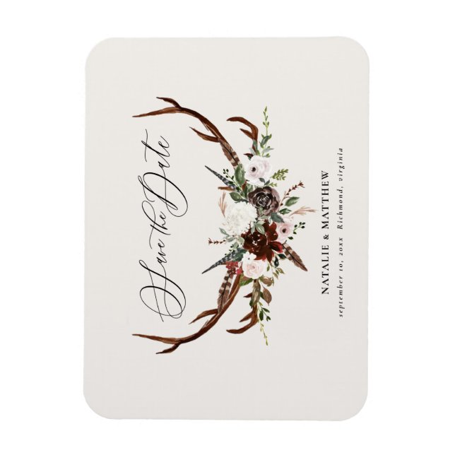 Rustic foliage and antler save the date magnet (Vertical)