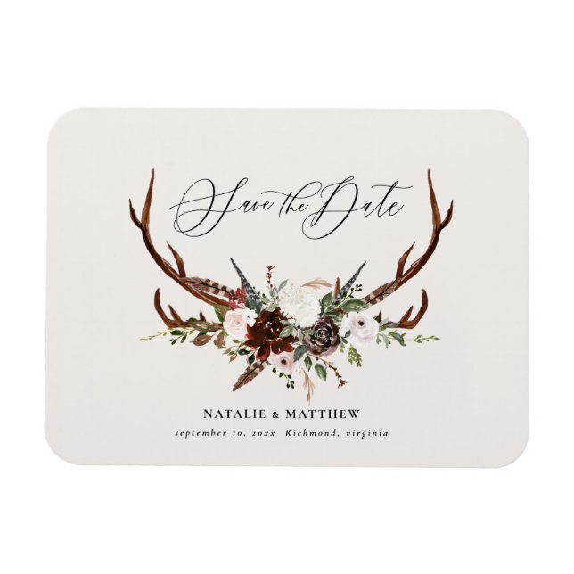 Rustic foliage and antler save the date magnet (Horizontal)