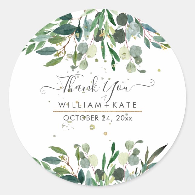 Rustic Foliage Blue Gum Eucalyptus Thank You Classic Round Sticker (Front)