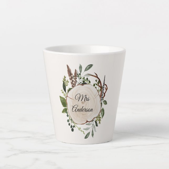 Rustic foliage chalk wood slice  latte mug (Front)