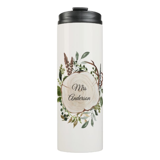 Rustic foliage chalk wood slice thermal tumbler (Front)