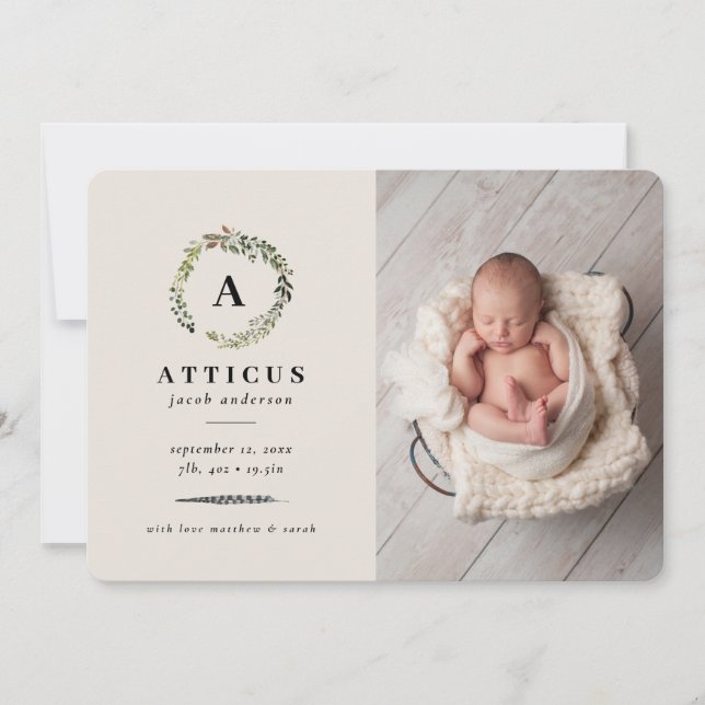 Rustic foliage, floral and stag birth announcement (Front)