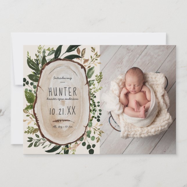 Rustic foliage, floral and stag birth announcement (Front)