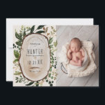 Rustic foliage, floral and stag birth announcement<br><div class="desc">Rustic foliage,  floral and stag photo birth announcement card. With beautiful watercolor foliage,  white florals,  wood slice and script hand writing.</div>