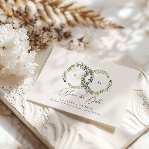 Rustic foliage, floral and stag wedding save the date
