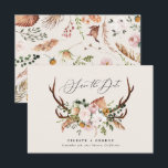 Rustic foliage, floral and stag wedding save the date<br><div class="desc">Rustic foliage,  floral and stag antlers wedding save the date card. With beautiful watercolor foliage,  white florals,  wood slice and script hand writing. This modern invite is sure to set the style for your upcoming party.</div>