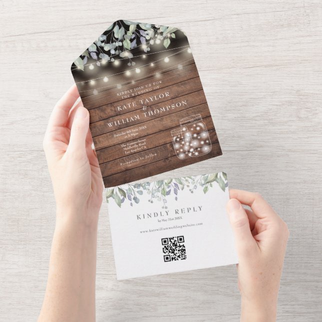 Rustic Foliage Mason Jars Lights QR Code Wedding All In One Invitation (Tearaway)