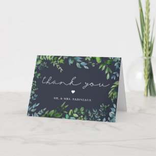 Rustic Foliage Navy Blue Wedding Photo Thank You Card