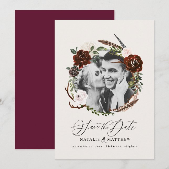 Rustic foliage, stag burgundy barn save the date  (Front/Back)