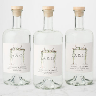Rustic foliage white floral stag canopy wedding liquor bottle label