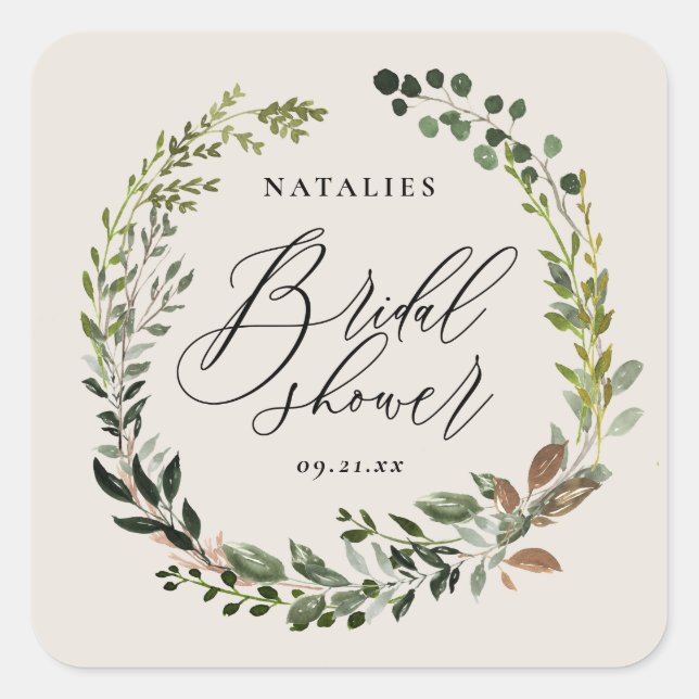 Rustic foliage wreath bridal shower party square sticker (Front)