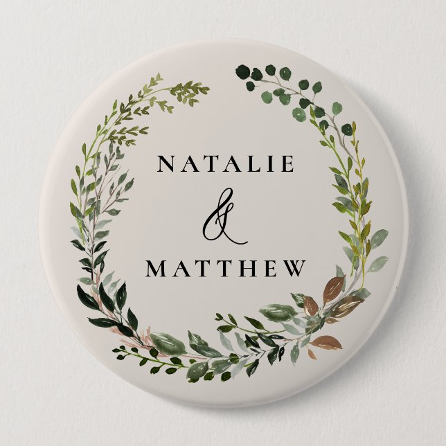 Rustic foliage wreath fall winter wedding party 4 inch round button (Front)