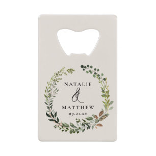 Rustic foliage wreath fall winter wedding party credit card bottle opener
