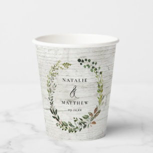 rustic foliage wreath farmhouse wedding party pape paper cups