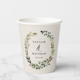 rustic foliage wreath farmhouse wedding party paper cups