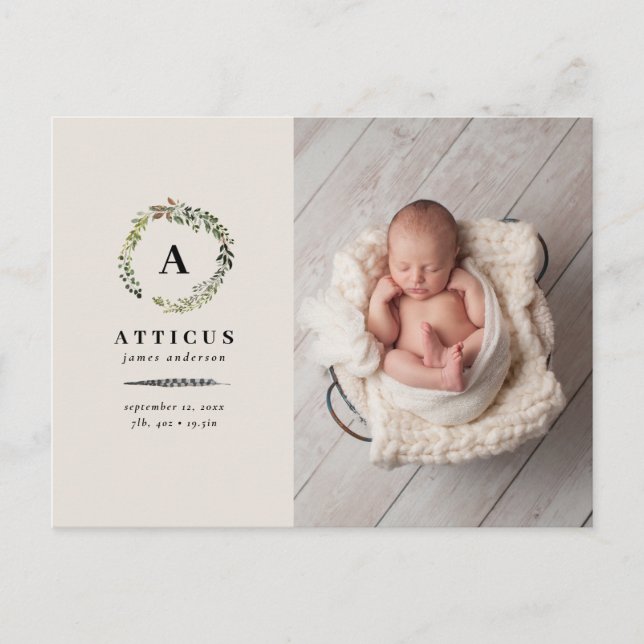Rustic foliage wreath photo birth announcement (Front)