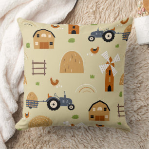 Rustic Folk Art Farm Tractors Seamless Pattern Throw Pillow