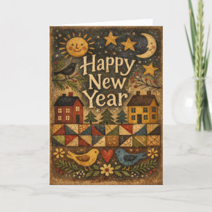 Rustic Folk Art Village New Year Holiday Card