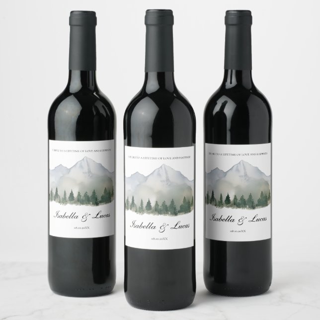 Rustic Forest and Mountain Wedding Wine Label (Bottles)