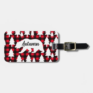 Rustic Forest Bear Buffalo Check Plaid & Name Luggage Tag