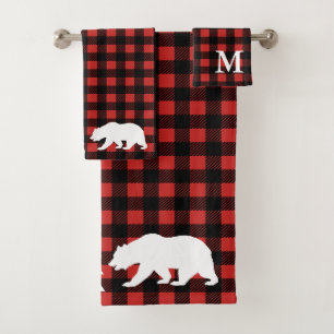 Rustic Forest Bear Red & Black Buffalo Check Plaid Bath Towel Set