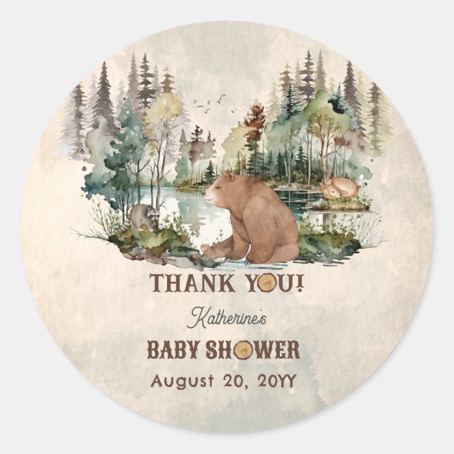 Rustic Forest Bearly Wait Baby Shower Thank You Classic Round Sticker (Front)