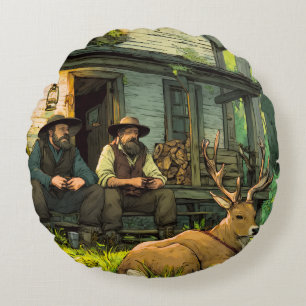 Rustic Forest Cabin Hunters and Whitetail Deer Rou Round Pillow
