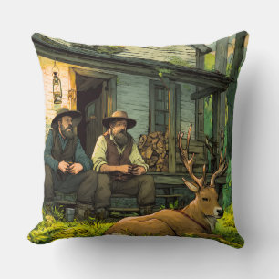 Rustic Forest Cabin Hunters and Whitetail Deer Rou Throw Pillow