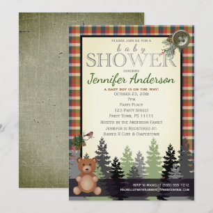 Rustic Forest Country Plaid Baby Shower Bear Invitation