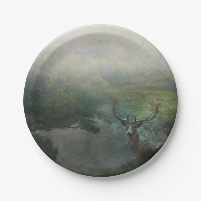 Rustic Forest Deer By Forest Pond Paper Plate (Front)