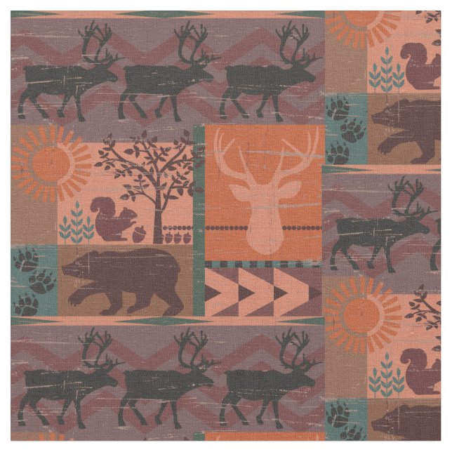 Rustic Forest Fall Print with Animals Fabric (Close Up)