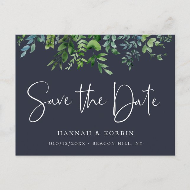 Rustic Forest Foliage Navy Blue Save the Date Announcement Postcard (Front)