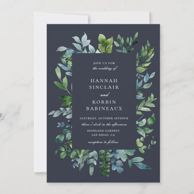 Rustic Forest Foliage Navy Blue Wedding Invitation (Front)