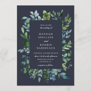 Rustic Forest Foliage Navy Blue Wedding Invitation