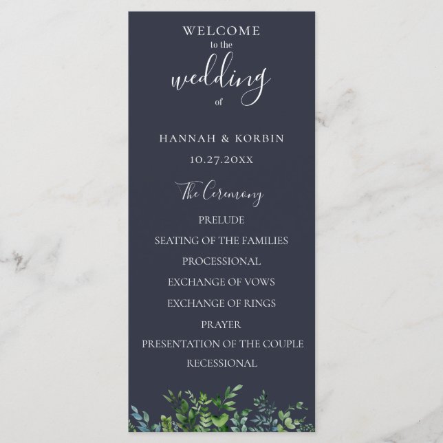 Rustic Forest Foliage Navy Blue Wedding Program (Front)