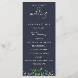 Rustic Forest Foliage Navy Blue Wedding Program
