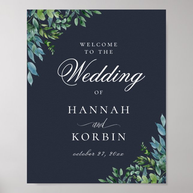 Rustic Forest Foliage Navy Blue Wedding Welcome Poster (Front)