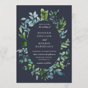 Rustic Forest Foliage Oval Frame Navy Blue Wedding Invitation