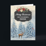 Rustic Forest Friend Merry Christmas Card<br><div class="desc">Merry Christmas for friend card with rustic country chalkboard pattern and snowy watercolor forest scene with deer and birds.</div>