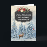 Rustic Forest Godmother Merry Christmas Card<br><div class="desc">Merry Christmas for godmother card with rustic country chalkboard pattern and snowy watercolor forest scene with deer and birds.</div>