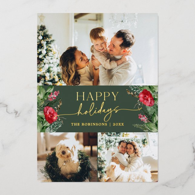 Rustic Forest Green Botanical Floral 3 Photo Gold Foil Holiday Card (Front)