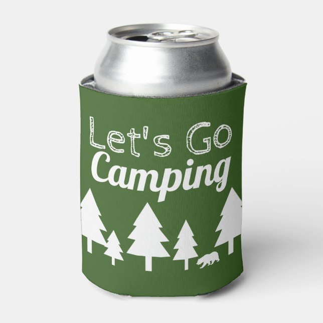 Rustic Forest Green Let's Go Camping Can Cooler (Can Front)