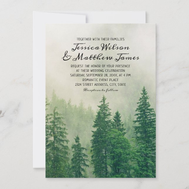 Rustic Forest Green Pine Tree Country Wood Wedding Invitation (Front)