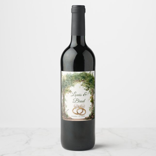 Rustic Forest Greenery Wedding Wine Bottle Label (Front)