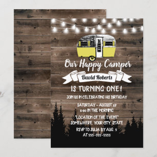 Rustic Forest Happy Camper Birthday Barn Wood Invitation