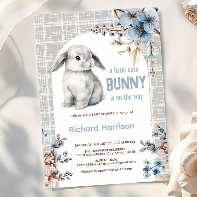 Rustic forest little bunny baby shower invitation (Cute Bunny Baby Shower Invitation Boy | Blue Floral Spring Rabbit Theme)