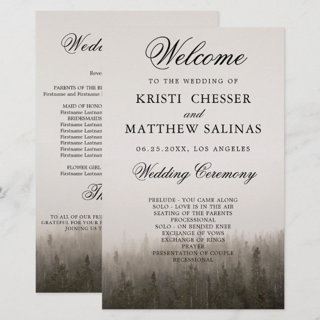 Rustic Forest Misty Landscape Wedding Program Card (Front/Back)