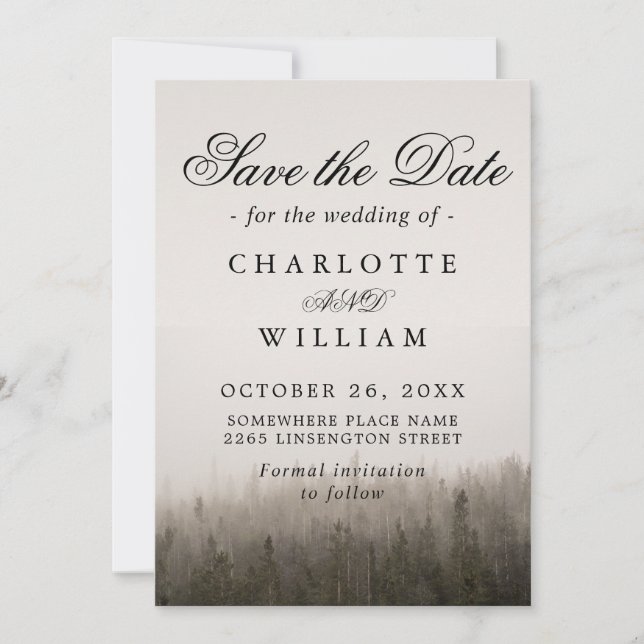 Rustic Forest Misty Landscape Wedding Save The Date (Front)