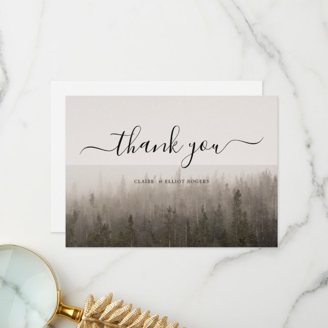 Rustic Forest Misty Landscape Wedding Thank You Card (Front/Back In Situ)