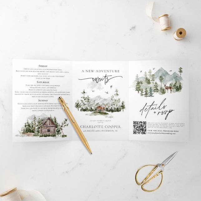 Rustic Forest Mountain Camp Bachelorette Party Tri-Fold Invitation (Creator Uploaded)